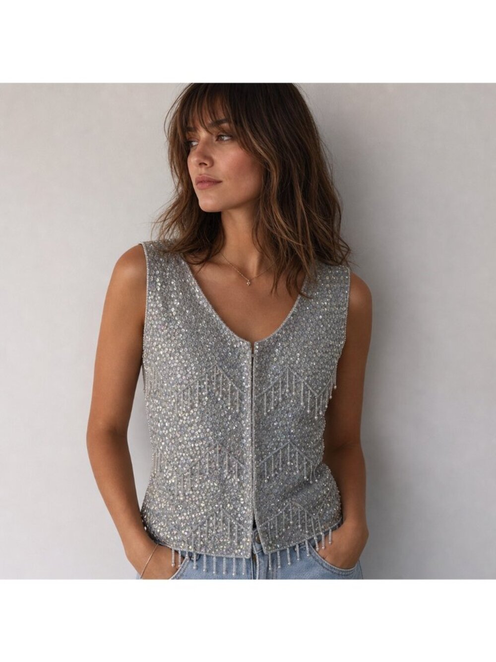 Vintage Hand‑Beaded Wool Blouse Size 38 M Blue Iridescent Sequins Fringe Party